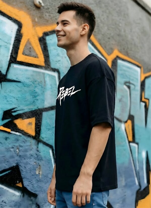 Men’s Oversized Black Rebel T-Shirt – Loopknit Cotton 240 GSM with DTF Print Streetwear Style