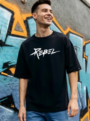 Men’s Oversized Black Rebel T-Shirt – Loopknit Cotton 240 GSM with DTF Print Streetwear Style