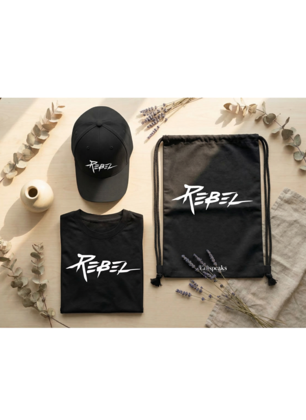 Rebel Graphic Oversized T-Shirt, Cap & Drawstring Bag Combo for Men | Streetwear Statement Set | Loopknit 240 GSM Cotton Tee + Adjustable Cap + Premium Carry Bag