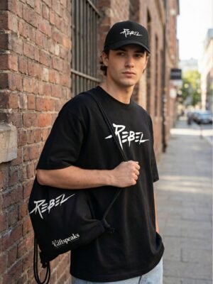 Rebel Graphic Oversized T-Shirt, Cap & Drawstring Bag Combo for Men | Streetwear Statement Set | Loopknit 240 GSM Cotton Tee + Adjustable Cap + Premium Carry Bag