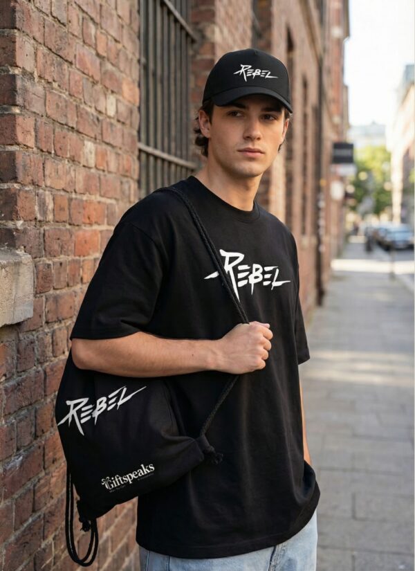 Rebel Graphic Oversized T-Shirt, Cap & Drawstring Bag Combo for Men | Streetwear Statement Set | Loopknit 240 GSM Cotton Tee + Adjustable Cap + Premium Carry Bag