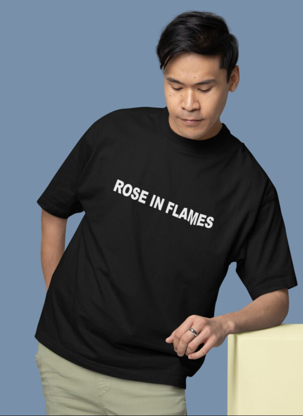 Black Rose in Flames Graphic Printed Men’s Oversized T-Shirt | Premium Loopknit 240 GSM Streetwear Tee | Front Text & Bold Back Print Urban Style – GiftSpeaks