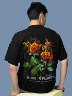 Black Rose in Flames Graphic Printed Men’s Oversized T-Shirt | Premium Loopknit 240 GSM Streetwear Tee | Front Text & Bold Back Print Urban Style – GiftSpeaks
