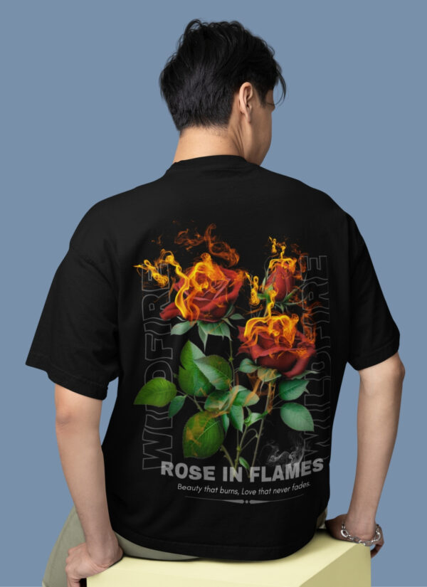 Black Rose in Flames Graphic Printed Men’s Oversized T-Shirt | Premium Loopknit 240 GSM Streetwear Tee | Front Text & Bold Back Print Urban Style – GiftSpeaks