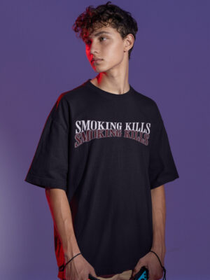 Men’s Oversized Black Smoking Kills T-Shirt – Loopknit Cotton 240 GSM Streetwear Fit