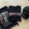 Black Oversized Graphic T-Shirt with Bold Typography Print and Back Artwork Design Paired with Matching Adjustable Cap and Printed Drawstring Bag Combo Set Streetwear Casual Outfit