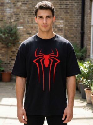 WMFOB_Spider_Man_1771568751481_ipp0zbgevan4187.jpg Men Oversized Black Superhero Spider Graphic T-Shirt | Bold Red Spider Emblem & Back Print | Premium Loopknit Cotton 240 GSM | Streetwear Comic Style Tee