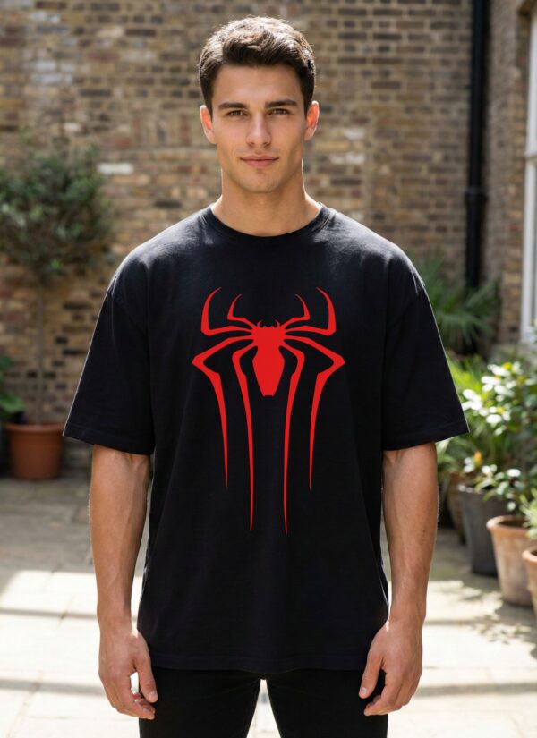 WMFOB_Spider_Man_1771568751481_ipp0zbgevan4187.jpg Men Oversized Black Superhero Spider Graphic T-Shirt | Bold Red Spider Emblem & Back Print | Premium Loopknit Cotton 240 GSM | Streetwear Comic Style Tee