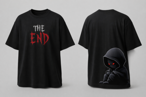 Men"s Oversized The End Graphic T-Shirt | Dark Hooded Character Back Print, Minimal Gothic Typography Streetwear Oversized T-Shirt for Men