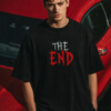 Men"s Oversized The End Graphic T-Shirt | Dark Hooded Character Back Print, Minimal Gothic Typography Streetwear Oversized T-Shirt for Men