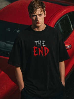 WMFOB_The_End_1772779613902_ng9end7qrftpg32.png Men"s Oversized The End Graphic T-Shirt | Dark Hooded Character Back Print, Minimal Gothic Typography Streetwear Oversized T-Shirt for Men