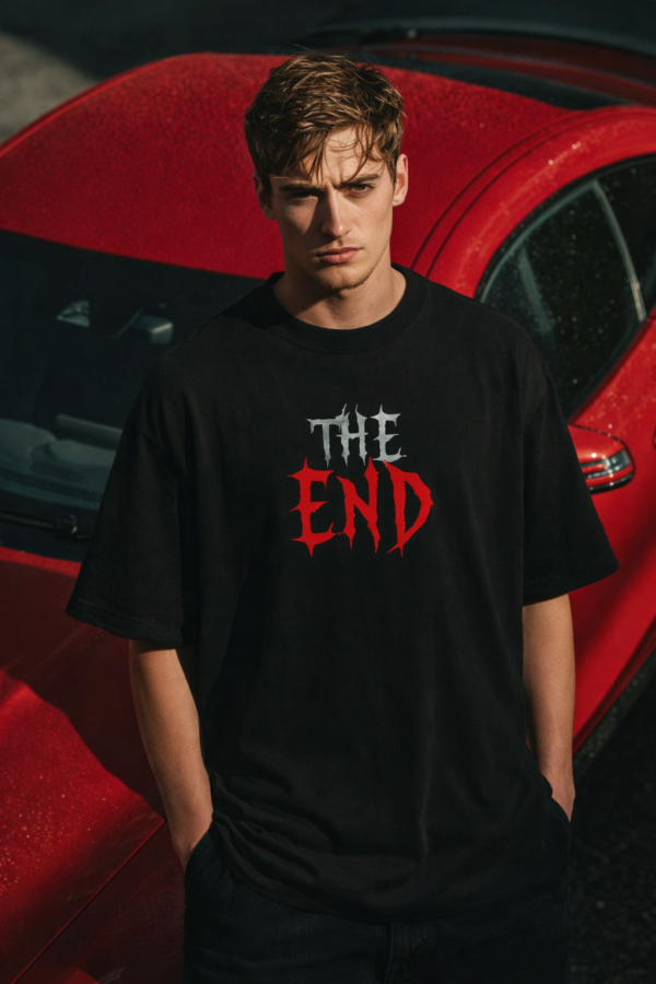 Men"s Oversized The End Graphic T-Shirt | Dark Hooded Character Back Print, Minimal Gothic Typography Streetwear Oversized T-Shirt for Men