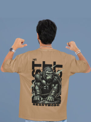 Beastmode Gorilla Graphic Printed Camel Brown Oversized T-Shirt for Men | Front Claw Print & Back Heavy Graphic | Streetwear Round Neck Oversized T-Shirt