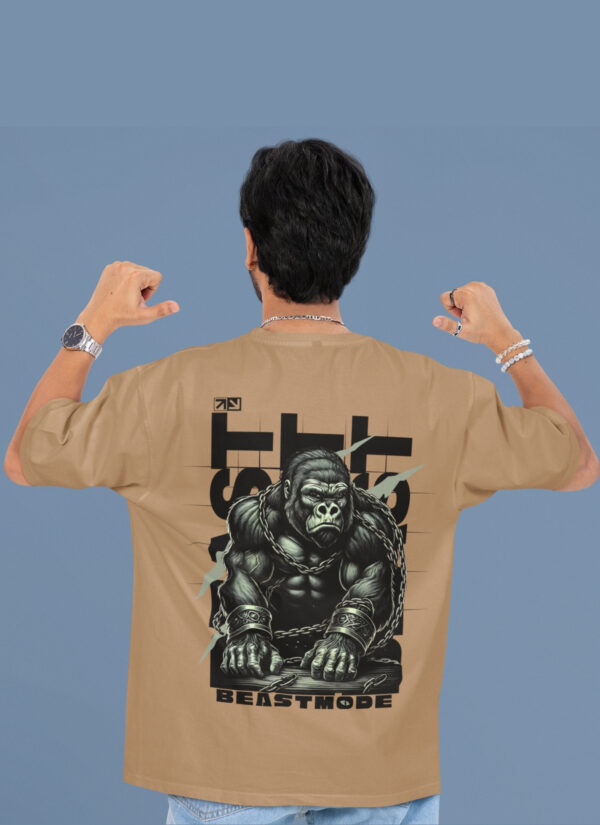 Beastmode Gorilla Graphic Printed Camel Brown Oversized T-Shirt for Men | Front Claw Print & Back Heavy Graphic | Streetwear Round Neck Oversized T-Shirt