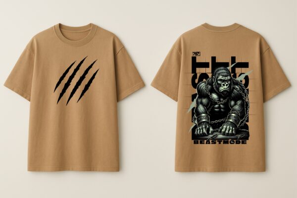 Beastmode Gorilla Graphic Printed Camel Brown Oversized T-Shirt for Men | Front Claw Print & Back Heavy Graphic | Streetwear Round Neck Oversized T-Shirt