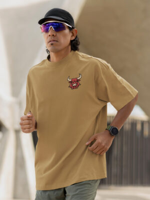 Camel Brown Bull Graphic Printed Men’s Oversized T-Shirt | Premium Loopknit Fabric 240 GSM | Minimal Front Logo & Bold Back Power Print Streetwear Tee – GiftSpeaks