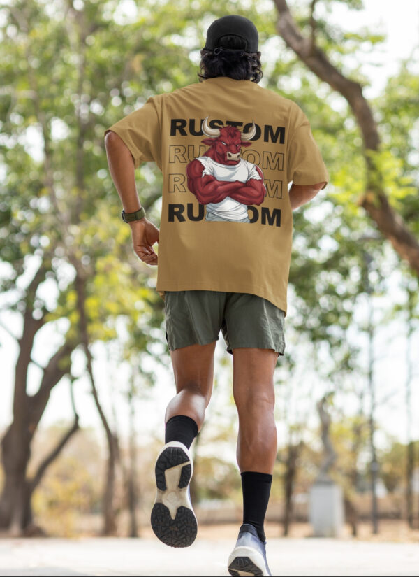 WMFOC_Rustom_1768043786753_8gzxv09xqp69dl2.jpg Camel Brown Bull Graphic Printed Men’s Oversized T-Shirt | Premium Loopknit Fabric 240 GSM | Minimal Front Logo & Bold Back Power Print Streetwear Tee – GiftSpeaks