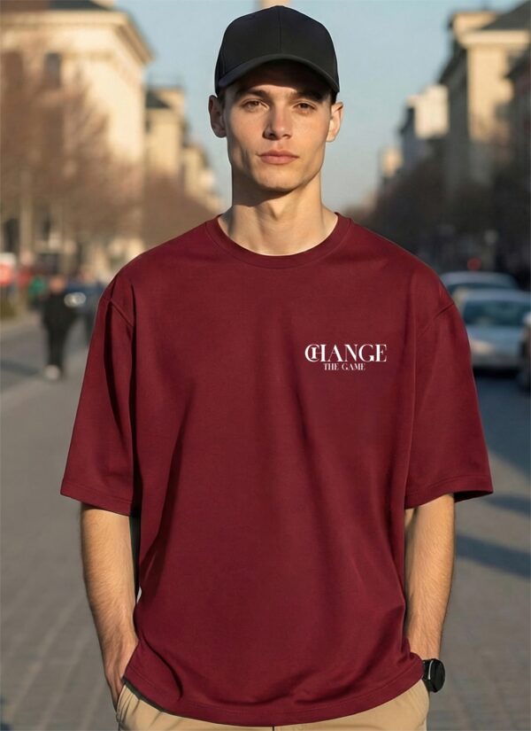 Change The Game Oversize Graphic Printed T-Shirt for Men | Premium Oversized Streetwear Back Print T-Shirt | Casual Wear Graphic Tee by giftspeaks | Maroon & White
