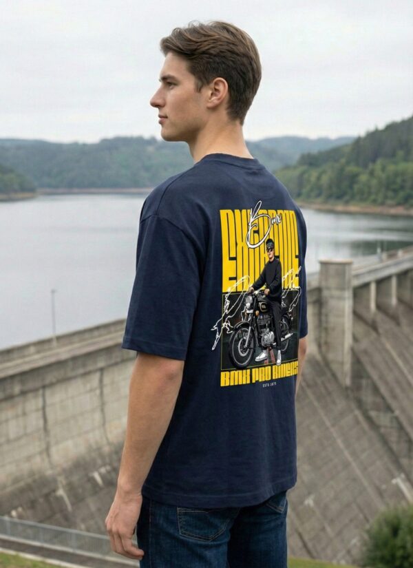 WMFON_BMX_1771566448471_cgy5rtqsd5mlvxw.jpg Mens Oversized Navy Blue Biker Graphic T-Shirt | Urban Rider Back Print | Premium Loopknit Cotton 240 GSM | Streetwear Motorcycle Statement Tee