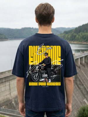 Mens Oversized Navy Blue Biker Graphic T-Shirt | Urban Rider Back Print | Premium Loopknit Cotton 240 GSM | Streetwear Motorcycle Statement Tee