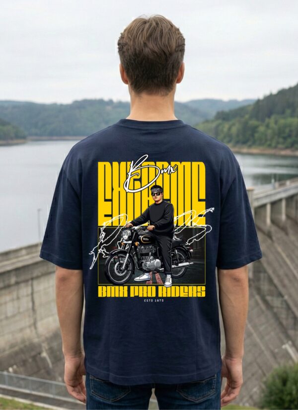 WMFON_BMX_1771566673703_zvmlsoppqb9qct5.jpg Mens Oversized Navy Blue Biker Graphic T-Shirt | Urban Rider Back Print | Premium Loopknit Cotton 240 GSM | Streetwear Motorcycle Statement Tee