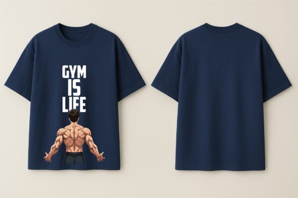 Men’s Navy Blue Oversized Gym T-Shirt – “Gym Is Life” Muscle Back Design | 240 GSM Cotton | DTF Print