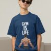 Men’s Navy Blue Oversized Gym T-Shirt – “Gym Is Life” Muscle Back Design | 240 GSM Cotton | DTF Print