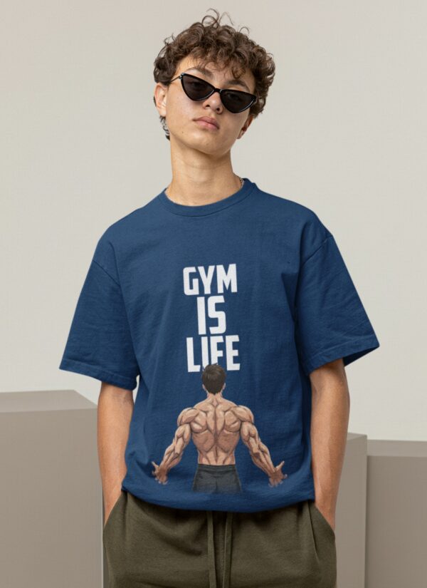 Men’s Navy Blue Oversized Gym T-Shirt – “Gym Is Life” Muscle Back Design | 240 GSM Cotton | DTF Print
