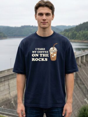 Mens Oversized Navy Blue Coffee Quote Graphic T-Shirt I Take My Coffee On The Rocks� Print | Premium Loopknit Cotton 240 GSM | Casual Streetwear Tee