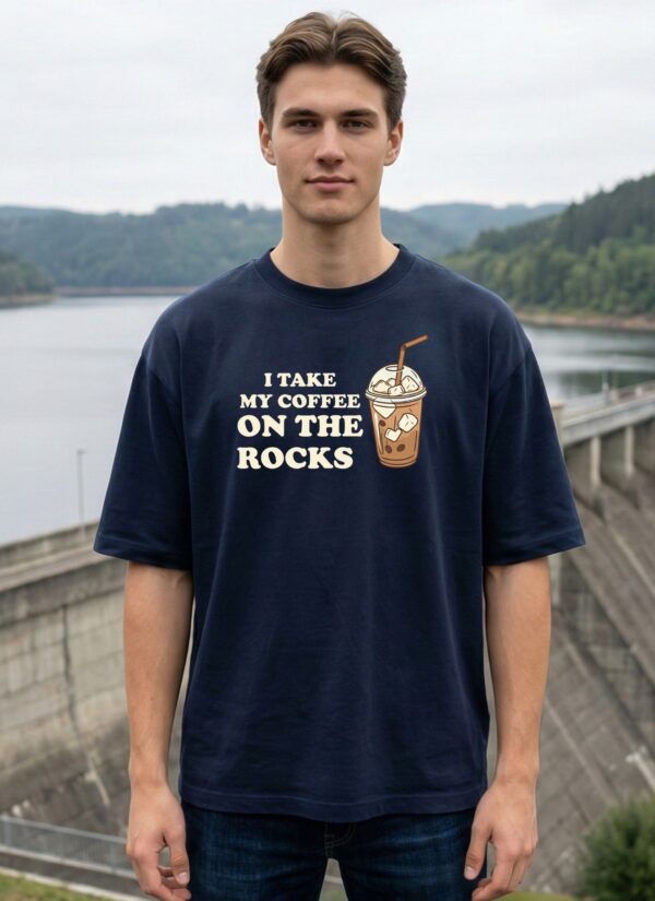 Mens Oversized Navy Blue Coffee Quote Graphic T-Shirt I Take My Coffee On The Rocks� Print | Premium Loopknit Cotton 240 GSM | Casual Streetwear Tee