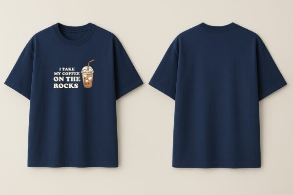 Mens Oversized Navy Blue Coffee Quote Graphic T-Shirt I Take My Coffee On The Rocks� Print | Premium Loopknit Cotton 240 GSM | Casual Streetwear Tee