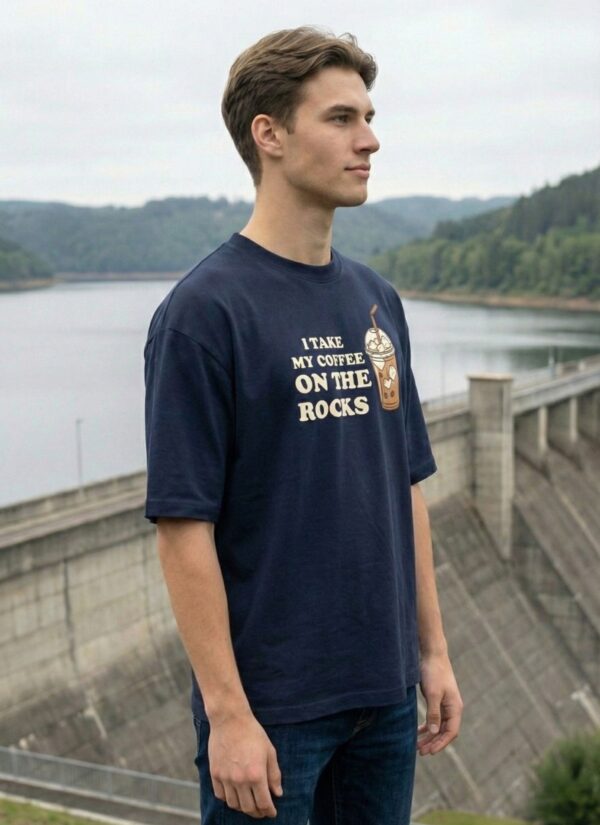 Mens Oversized Navy Blue Coffee Quote Graphic T-Shirt I Take My Coffee On The Rocks� Print | Premium Loopknit Cotton 240 GSM | Casual Streetwear Tee