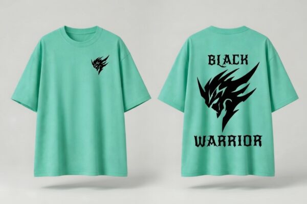 Men's Black Warrior Oversized T-Shirt RAMA Green | Loopknit 240 GSM Heavyweight Streetwear Back Print Tee