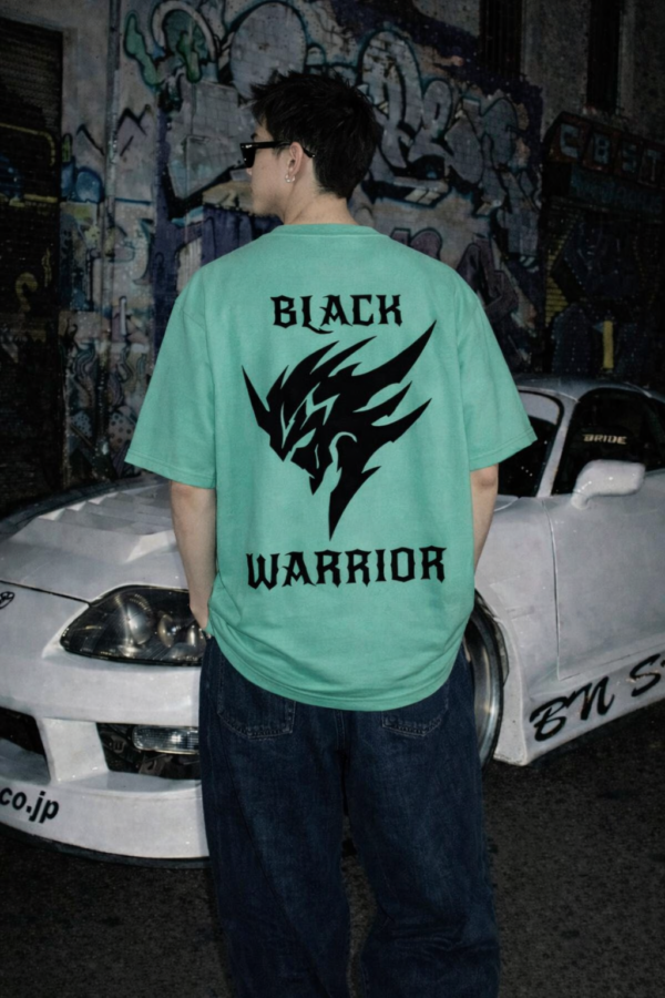 Men's Black Warrior Oversized T-Shirt RAMA Green | Loopknit 240 GSM Heavyweight Streetwear Back Print Tee