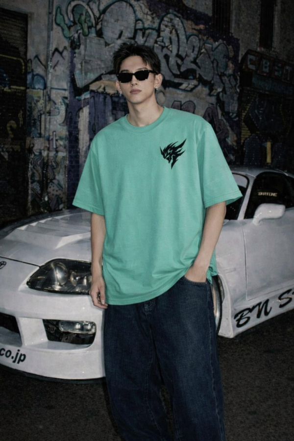 Men's Black Warrior Oversized T-Shirt RAMA Green | Loopknit 240 GSM Heavyweight Streetwear Back Print Tee