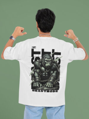 Beastmode Gorilla Graphic Printed Camel Brown Oversized T-Shirt for Men | Front Claw Print & Back Heavy Graphic | Streetwear Round Neck Oversized T-Shirt