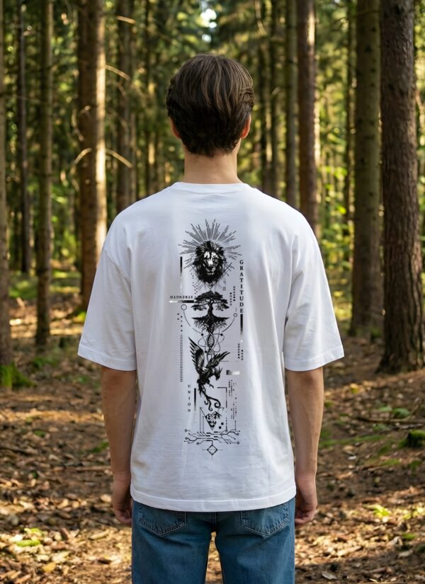 BYAKKO Oversized Men T-Shirt | Lion & Eagle Symbolic Back Print | White