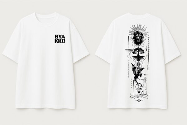 BYAKKO Oversized Men T-Shirt | Lion & Eagle Symbolic Back Print | White
