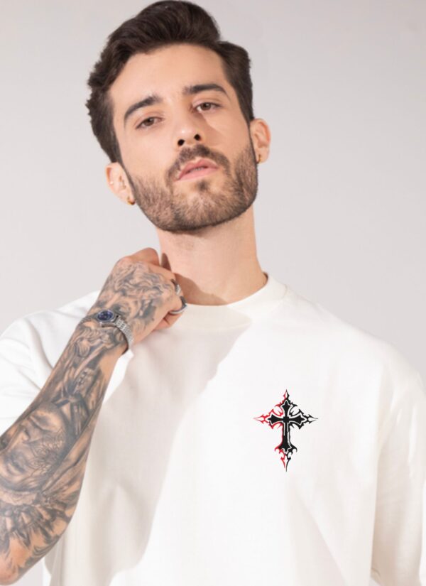 Mens Oversized White Graphic Printed T-Shirt | Gothic Cross Back Print | Premium Loopknit Cotton 240 GSM | Streetwear Urban Casual Tee