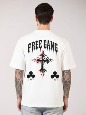 Mens Oversized White Graphic Printed T-Shirt | Gothic Cross Back Print | Premium Loopknit Cotton 240 GSM | Streetwear Urban Casual Tee