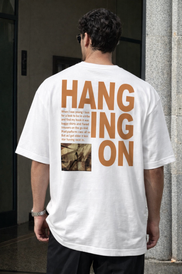 Men's HANGING ON Oversized T-Shirt | White | Loopknit 240 GSM Heavyweight Typography Streetwear Back Print Tee