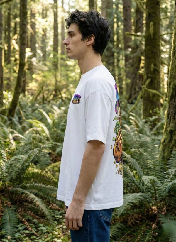 Just Money Oversized Men T-Shirt | Bear Cash Graphic Back Print | White