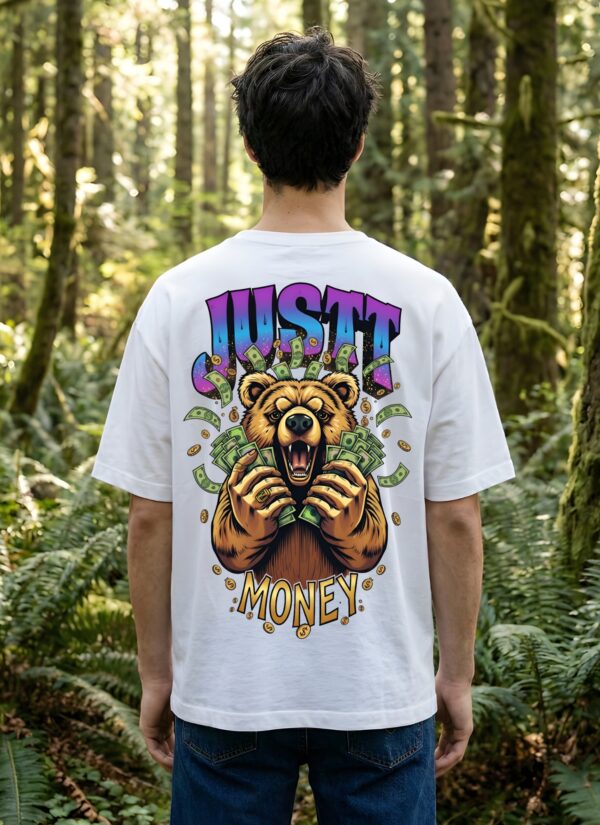 Just Money Oversized Men T-Shirt | Bear Cash Graphic Back Print | White