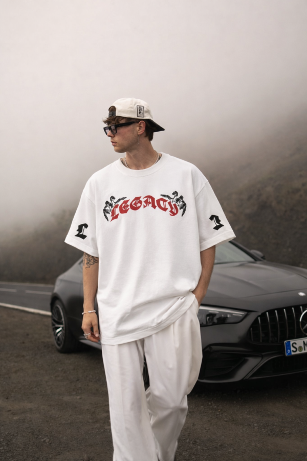 Men's Oversized White Graphic Printed T-Shirt | Gothic Text Back Print | Streetwear Casual Cotton Tee