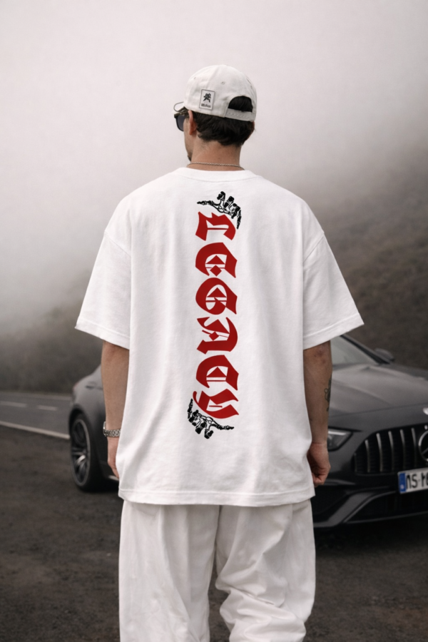 Men's Oversized White Graphic Printed T-Shirt | Gothic Text Back Print | Streetwear Casual Cotton Tee