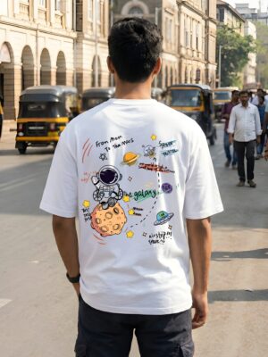 Space Explorer Oversized Mens T-Shirt | Astronaut Galaxy Back Print | White