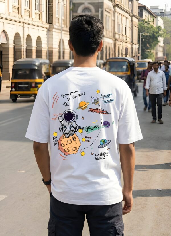 Space Explorer Oversized Mens T-Shirt | Astronaut Galaxy Back Print | White