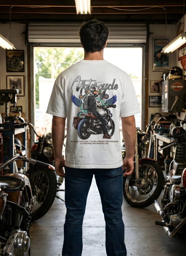 Motorcycle Freedom Oversized Mens T-Shirt | Biker Graphic Back Print | White