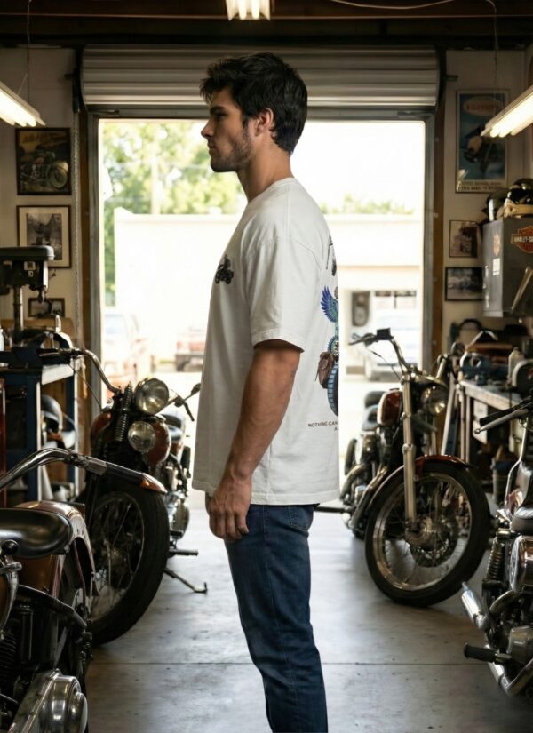 Motorcycle Freedom Oversized Mens T-Shirt | Biker Graphic Back Print | White