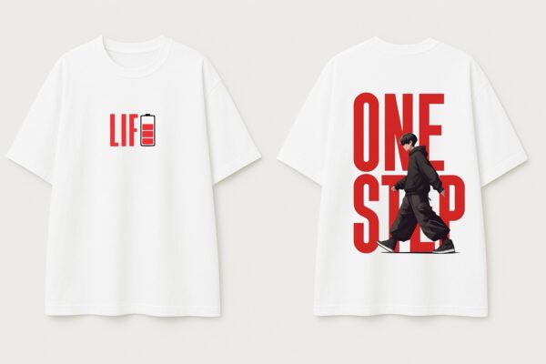 Oversized White “One Step” T-Shirt – 240 GSM Loopknit Cotton DTF Print Streetwear
